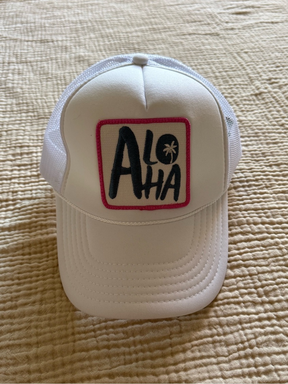 White Trucker Hat with Pink-Trim 'Aloha' Patch - Picture 2 of 4